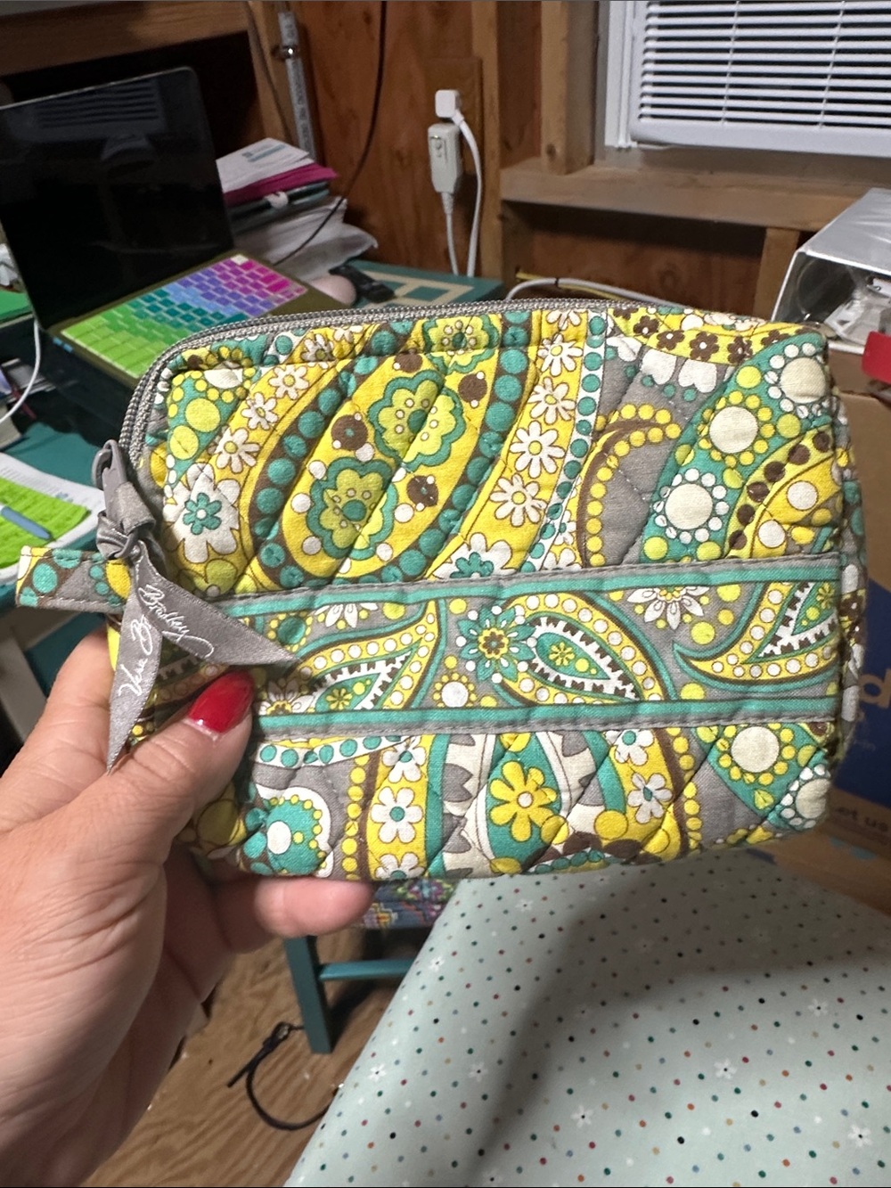 Vera Bradley Yellow Green Gray Paisley Quilted Wristlet Pouch